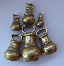 Load image into Gallery viewer, SIX English Pounds Antique BRASS Kitchen Scales Weight. Unusual Bell Shapes - Largest is 4lb. Good Display Pieces
