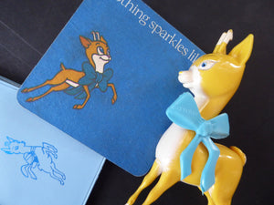 VINTAGE Babycham Job Lot: Small Plastic Babycham Bambi Fawn Model. 5 inches. Offered with two coupe glasses, beer mat and order pad