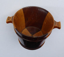 Load image into Gallery viewer, MINIATURE Antique Scottish Banded Treen Luggie or Porringer. Quaich Shape with Two Transfer Mauchline Images
