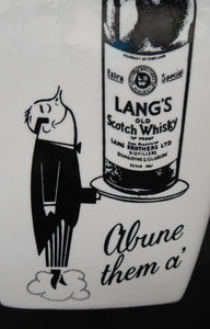 1950s WHISKY JUG for Lang's Scotch Whisky. Comical Black & White Image. Made by WADE. Excellent Condition