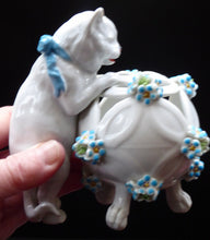 Load image into Gallery viewer, Pretty Victorian era SITZENDORF DRESDEN porcelain cat playing with a ball of wool, possibly a pot pourri holder
