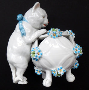 Pretty Victorian era SITZENDORF DRESDEN porcelain cat playing with a ball of wool, possibly a pot pourri holder