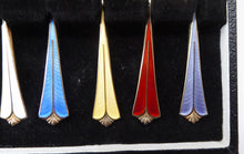 Load image into Gallery viewer, Vintage NORWEGIAN Solid Silver &amp; Harlequin Enamel DAVID ANDERSEN Gilt Silver Demitasse Coffee Spoons in Fitted Case
