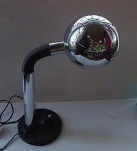 Load image into Gallery viewer, Vintage 1970s Desk Lamp with Globe Shaped Eyeball Chrome Shade; Heavy Cast Iron Base &amp; Chrome Upstand with Corrugated Plastic Section
