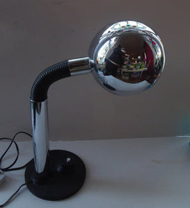 Vintage 1970s Desk Lamp with Globe Shaped Eyeball Chrome Shade; Heavy Cast Iron Base & Chrome Upstand with Corrugated Plastic Section