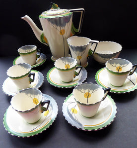 1930s BURLEIGH Ware ZENITH Art DECO Coffee Set with fine Dawn Pattern. Coffee Pot, Six Cups and Saucers; Milk Jug and Sugar Bowl