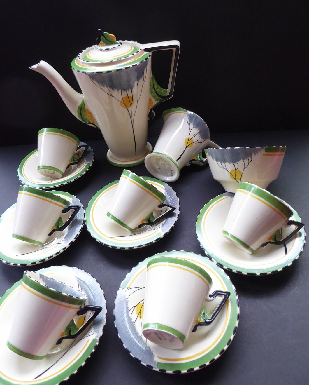 1930s BURLEIGH Ware ZENITH Art DECO Coffee Set with fine Dawn Pattern. Coffee Pot, Six Cups and Saucers; Milk Jug and Sugar Bowl