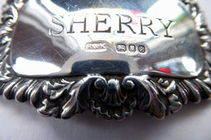 Vintage SOLID SILVER SHERRY Decanter Bottle Label. Hallmarked with the London Silver Mark for 1965