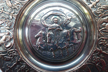 Load image into Gallery viewer, 1850s SILVER PLATE ELKINGTON Inkwell. Squat Circular Silver and Copper with Hinged Lid and Original Glass Liner. Mythology Design
