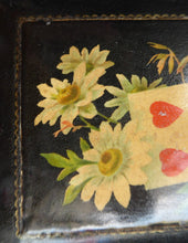 Load image into Gallery viewer, Antique 19th Century MAUCHLINE Ware Black Lacquer Box. Playing Card Box with Vintage Cards and Leather Pouch
