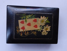 Load image into Gallery viewer, Antique 19th Century MAUCHLINE Ware Black Lacquer Box. Playing Card Box with Vintage Cards and Leather Pouch
