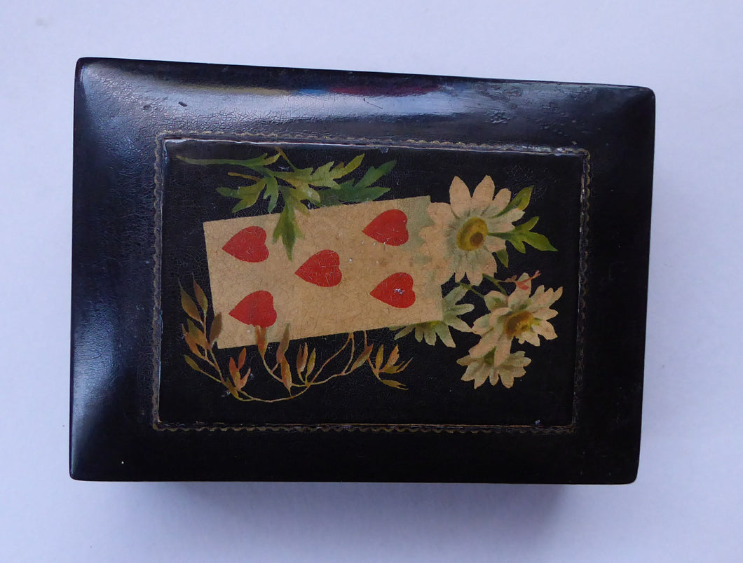 Antique 19th Century MAUCHLINE Ware Black Lacquer Box. Playing Card Box with Vintage Cards and Leather Pouch