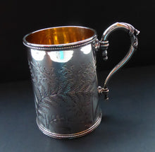 Load image into Gallery viewer, ANTIQUE Victorian Sterling SOLID SILVER Christening Mug with Gold Gilt Interior by William Evans, London 1879. Fabulous Engraved Ferns
