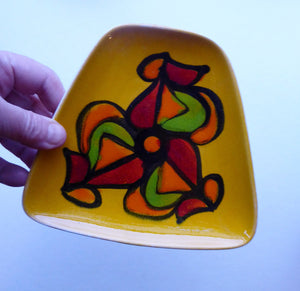 Fine LARGER 1970s Poole DELPHIS Pin Dish. Abstract Designs in Yellow, Orange, Red and Green Shades