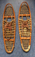 Load image into Gallery viewer, Vintage Snowshoes, Genuine Old Wooden Snowshoes, with Hide Mesh and Old Brown Leather Shoe Pockets. Great Ski Lodge Decorations
