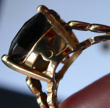 Load image into Gallery viewer, 1970s Vintage 9ct Gold Ring with Decorative Shoulders and Stone Setting. UK Size S with LARGE Oval Faceted Smoky Quartz Stone
