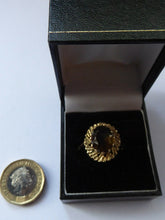 Load image into Gallery viewer, 1970s Vintage 9ct Gold Ring with Decorative Shoulders and Stone Setting. UK Size W. LARGE Oval Faceted Smoky Quartz Stone Set in Two Tiers
