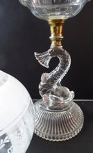 Load image into Gallery viewer, ANTIQUE Victorian Clear Pressed Glass Oil or Kerosene Lamp. Complete Lamp with Unusual Glass Fish Decorative Section
