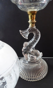 ANTIQUE Victorian Clear Pressed Glass Oil or Kerosene Lamp. Complete Lamp with Unusual Glass Fish Decorative Section