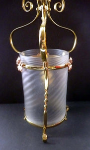 ART NOUVEAU Antique Brass & Frosted Glass Hanging Light Shade / Lantern