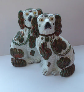 Rarer Small Staffordshire Dogs Chimney Spaniels / Wally Dugs. With Unusual Olive Green Lustre Patches; c 1860