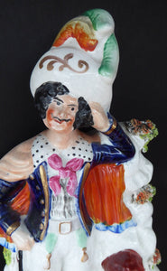Antique STAFFORDSHIRE Figurine. Rarer Group of Huntsman, Dog & Game, and Little Seated Girl. Excellent Condition. 11 1/4 inches high