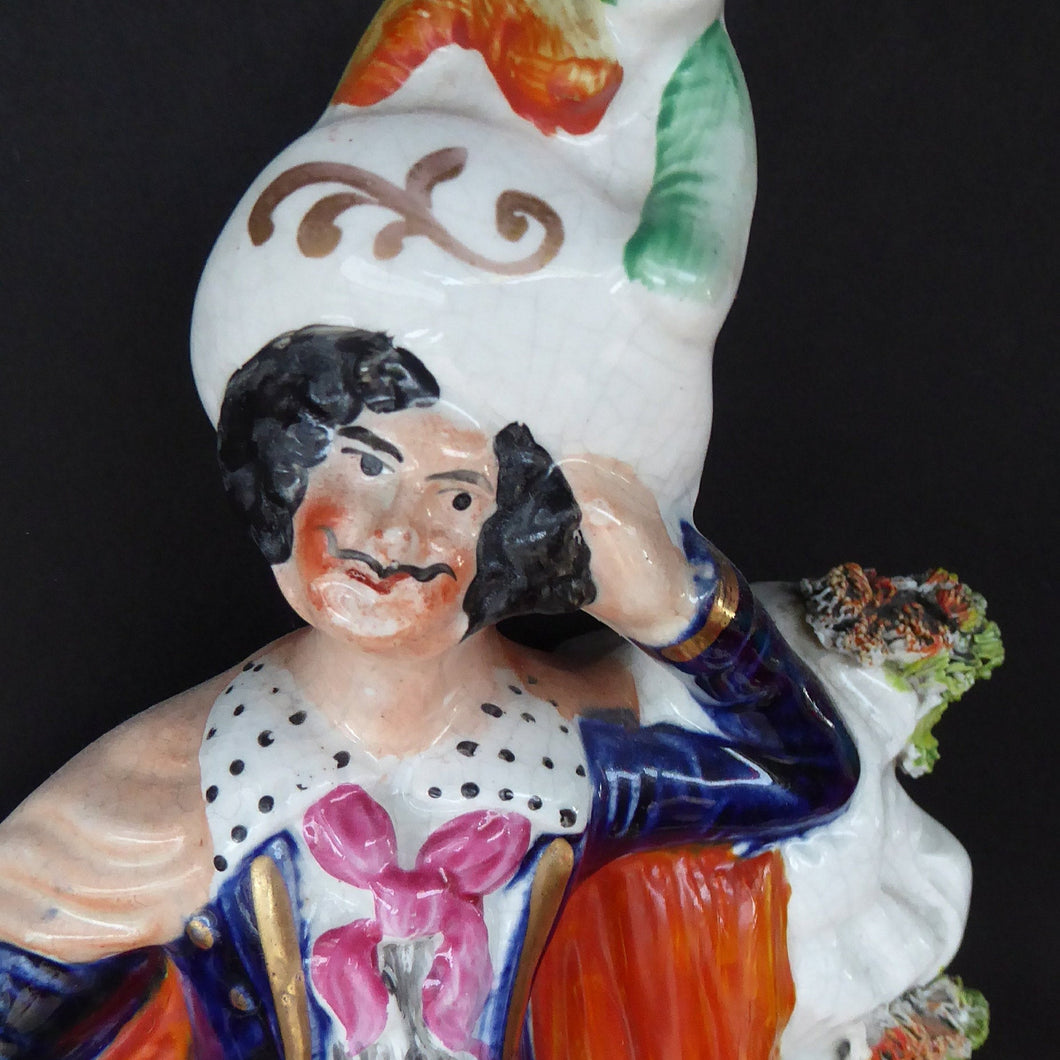 Antique STAFFORDSHIRE Figurine. Rarer Group of Huntsman, Dog & Game, and Little Seated Girl. Excellent Condition. 11 1/4 inches high