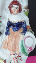 Load image into Gallery viewer, Antique STAFFORDSHIRE Figurine. Rarer Group of Huntsman, Dog &amp; Game, and Little Seated Girl. Excellent Condition. 11 1/4 inches high
