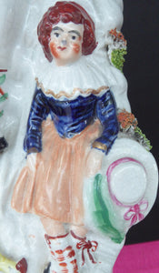 Antique STAFFORDSHIRE Figurine. Rarer Group of Huntsman, Dog & Game, and Little Seated Girl. Excellent Condition. 11 1/4 inches high
