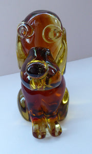 Vintage ITALIAN MURANO Glass Figurine in the Form of a Little Golden Amber Puppy Dog. With Red Murano Label