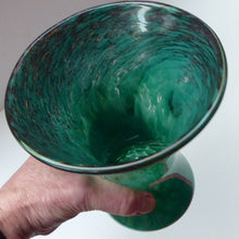 Load image into Gallery viewer, Scottish VASART Art Glass Vase.  Vintage 1950s Glassware with Fine Shape and Dark Aqua Green Colour. Gold Aventurine Inclusions
