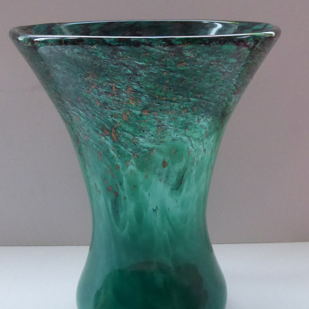 Scottish VASART Art Glass Vase.  Vintage 1950s Glassware with Fine Shape and Dark Aqua Green Colour. Gold Aventurine Inclusions
