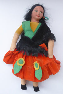 VINTAGE Norah Wellings Spanish Senorita Doll with Yellow Sombrero Hat. 11 inches with Original Cloth Tag