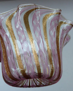 Vintage Venetian / Salviati Murano Glass Latticino Zanfirico Glass Finger Bowl; Gold Inclusions and Frilled Edges