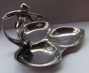 SIGNED WMF Silver Plate Art Nouveau / Jugendstil Serving Dish in Three Sections with Elegant Lady Resting on Whiplash Scroll