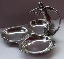 Load image into Gallery viewer, SIGNED WMF Silver Plate Art Nouveau / Jugendstil Serving Dish in Three Sections with Elegant Lady Resting on Whiplash Scroll
