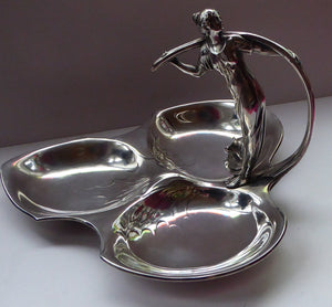SIGNED WMF Silver Plate Art Nouveau / Jugendstil Serving Dish in Three Sections with Elegant Lady Resting on Whiplash Scroll