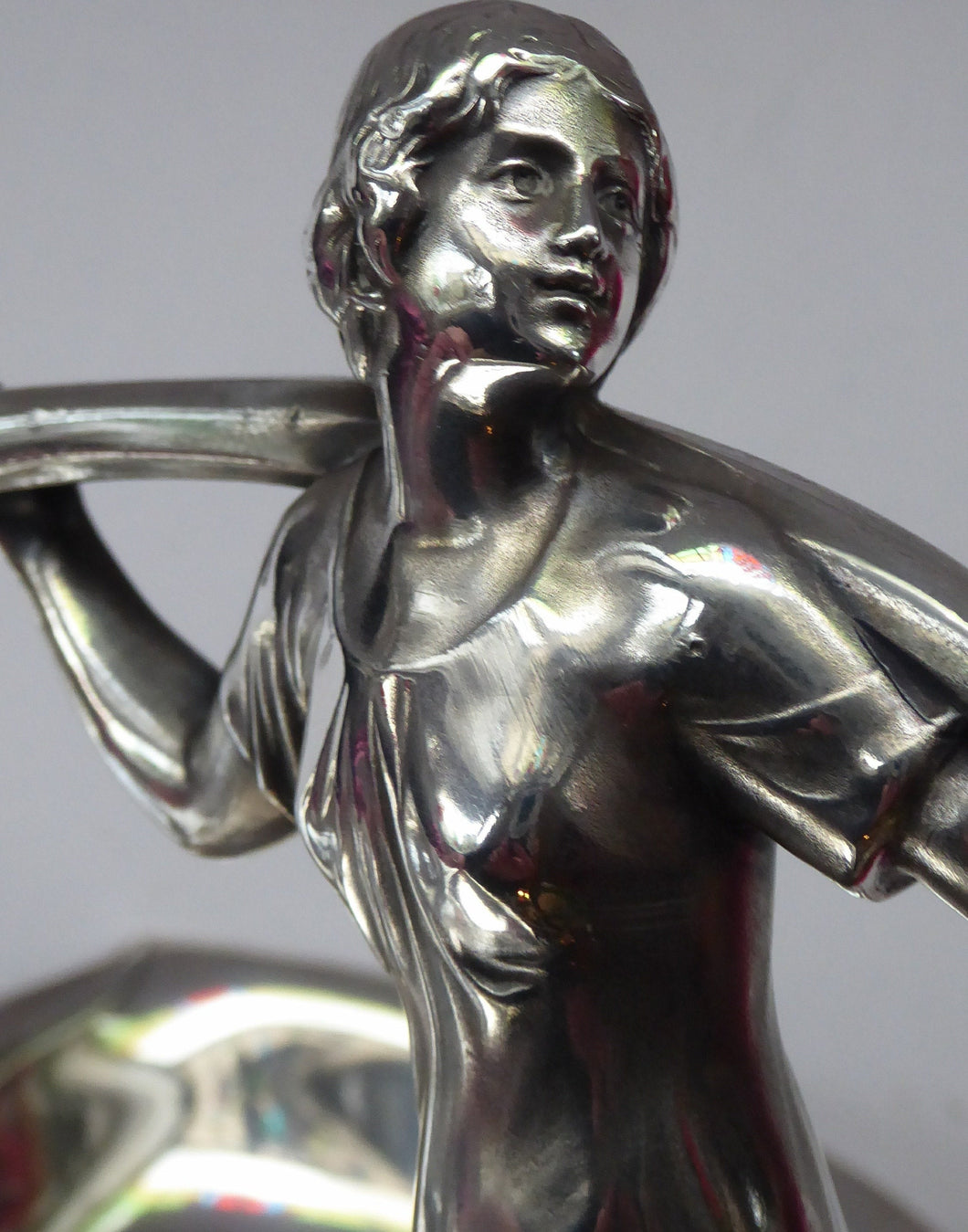 SIGNED WMF Silver Plate Art Nouveau / Jugendstil Serving Dish in Three Sections with Elegant Lady Resting on Whiplash Scroll