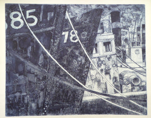 SCOTTISH ART: Ian Fleming (1906 - 1994).  Original Etching of a Quayside Scene, with Moored Ships