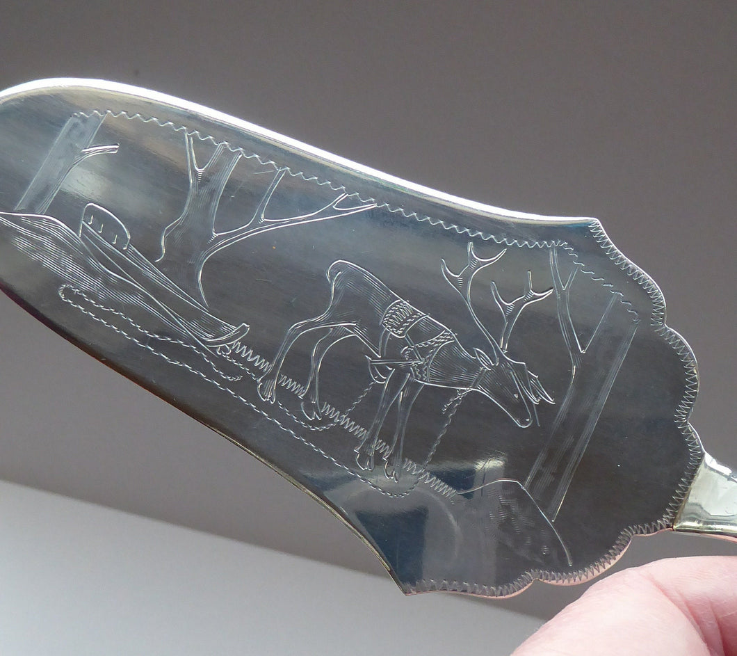 1960s SOLID SILVER Sami Swedish Serving Slice. Decorated with Engraved Reindeer and with Ring Top Handle