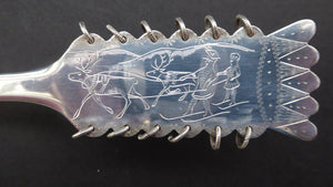 1960s SOLID SILVER Sami Swedish Serving Slice. Decorated with Engraved Reindeer and with Ring Top Handle