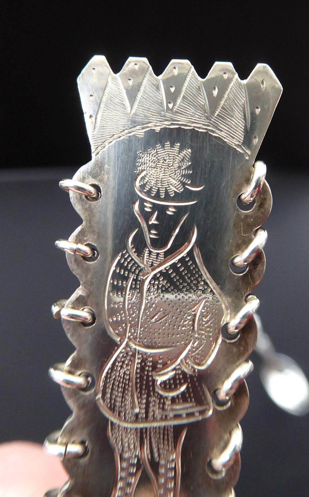 1960s SOLID SILVER Sami Swedish Small Spoon. Decorated with Engraved Reindeer and with Ring Top Handle