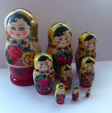 Load image into Gallery viewer, Vintage RUSSIAN Matryoshka Nesting Dolls.  Genuine Russian Set with Original Label Dated 1998. 9 DOLLS in total
