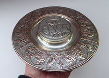 Load image into Gallery viewer, 1850s SILVER PLATE ELKINGTON Inkwell. Squat Circular Silver and Copper with Hinged Lid and Original Glass Liner. Mythology Design
