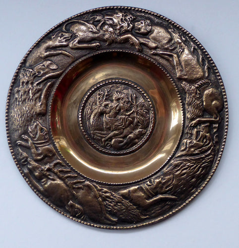 Antique Bronze Wall Plate with Hunting Diana and Actaeon Scene. Lion Hunt