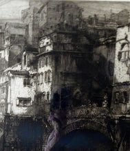 Load image into Gallery viewer, ANTIQUE PRINT. Original 1908 Etching by Hedley FITTON. Entitled the Ponte Vecchio, Florence. Pencil Signed
