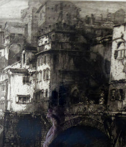 ANTIQUE PRINT. Original 1908 Etching by Hedley FITTON. Entitled the Ponte Vecchio, Florence. Pencil Signed