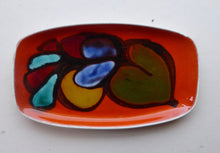 Load image into Gallery viewer, 1970s Poole DELPHIS Oblong Pin Dish. Abstract Still-Life Designs on a Tangerine Orange Background. Excellent Condition
