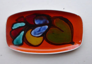 1970s Poole DELPHIS Oblong Pin Dish. Abstract Still-Life Designs on a Tangerine Orange Background. Excellent Condition