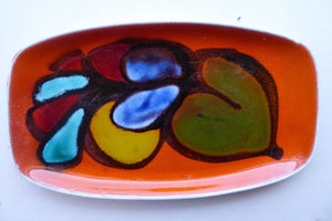 1970s Poole DELPHIS Oblong Pin Dish. Abstract Still-Life Designs on a Tangerine Orange Background. Excellent Condition
